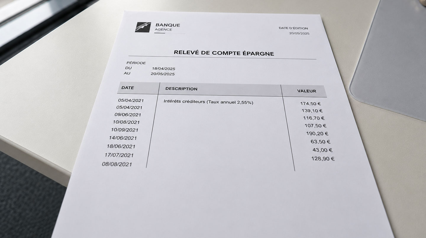 Gros plan sur un relevé de compte bancaire affichant un taux d'intérêt et des montants en euros, tout le document est net