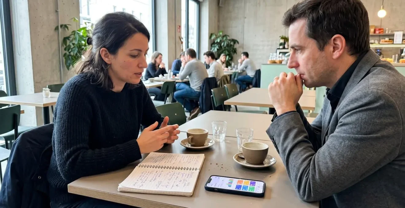 Deux personnes de profil discutant autour d'une table de café avec un carnet et un smartphone, lumière naturelle