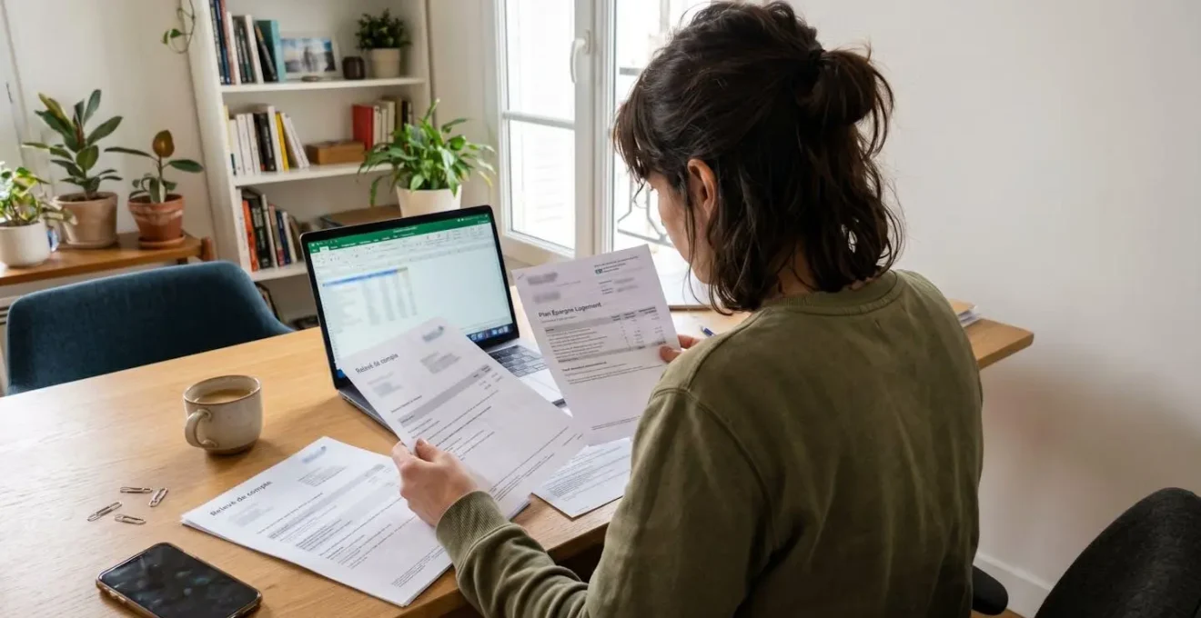Personne de dos consultant des relevés bancaires et documents d'épargne sur un bureau contemporain avec lumière naturelle
