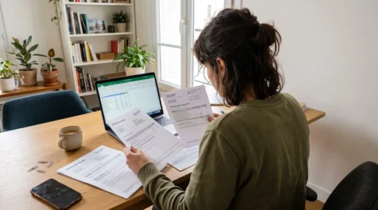 Personne de dos consultant des relevés bancaires et documents d'épargne sur un bureau contemporain avec lumière naturelle