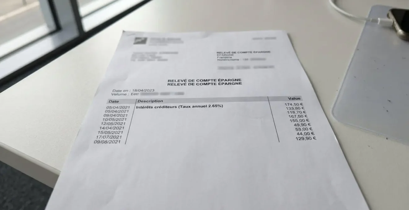 Gros plan sur un relevé de compte bancaire affichant un taux d'intérêt et des montants en euros, tout le document est net