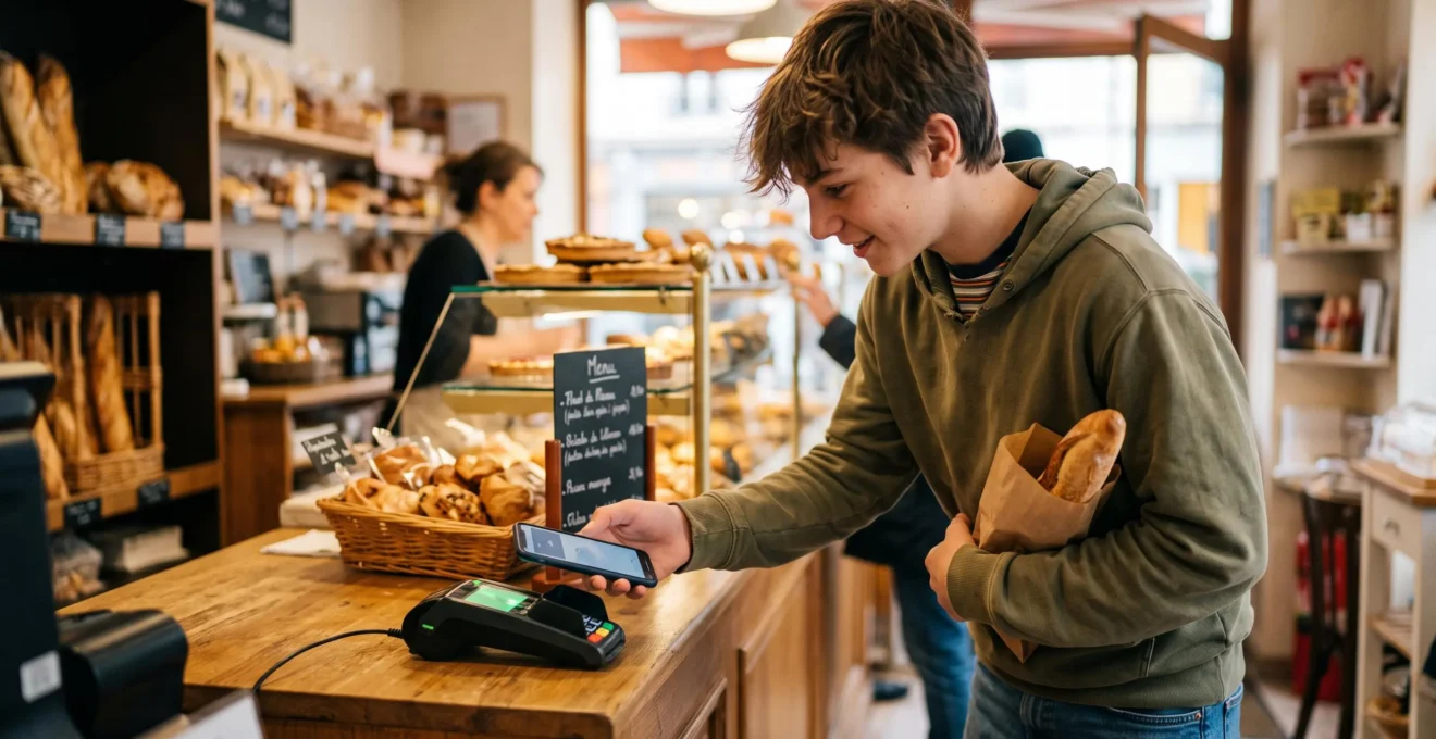 Adolescent effectuant un paiement sans contact avec son smartphone dans un commerce