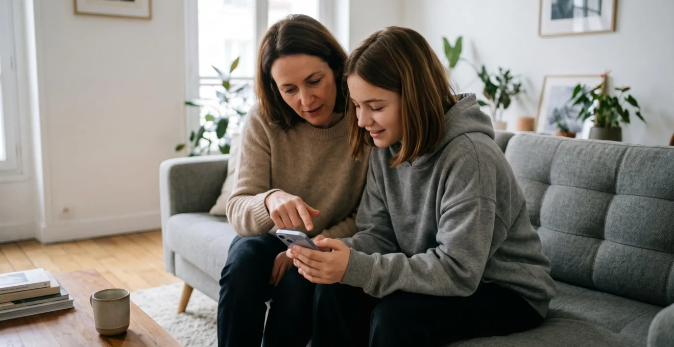 Parent et adolescent consultant ensemble une application bancaire sur smartphone dans un salon