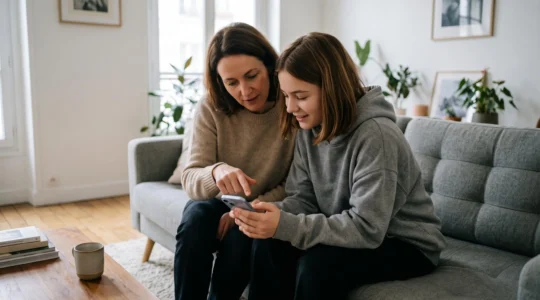 Parent et adolescent consultant ensemble une application bancaire sur smartphone dans un salon