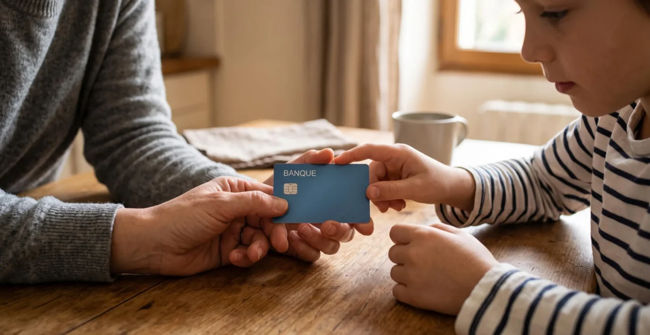 Mains d'un parent montrant une carte bancaire à un enfant sur une table de cuisine