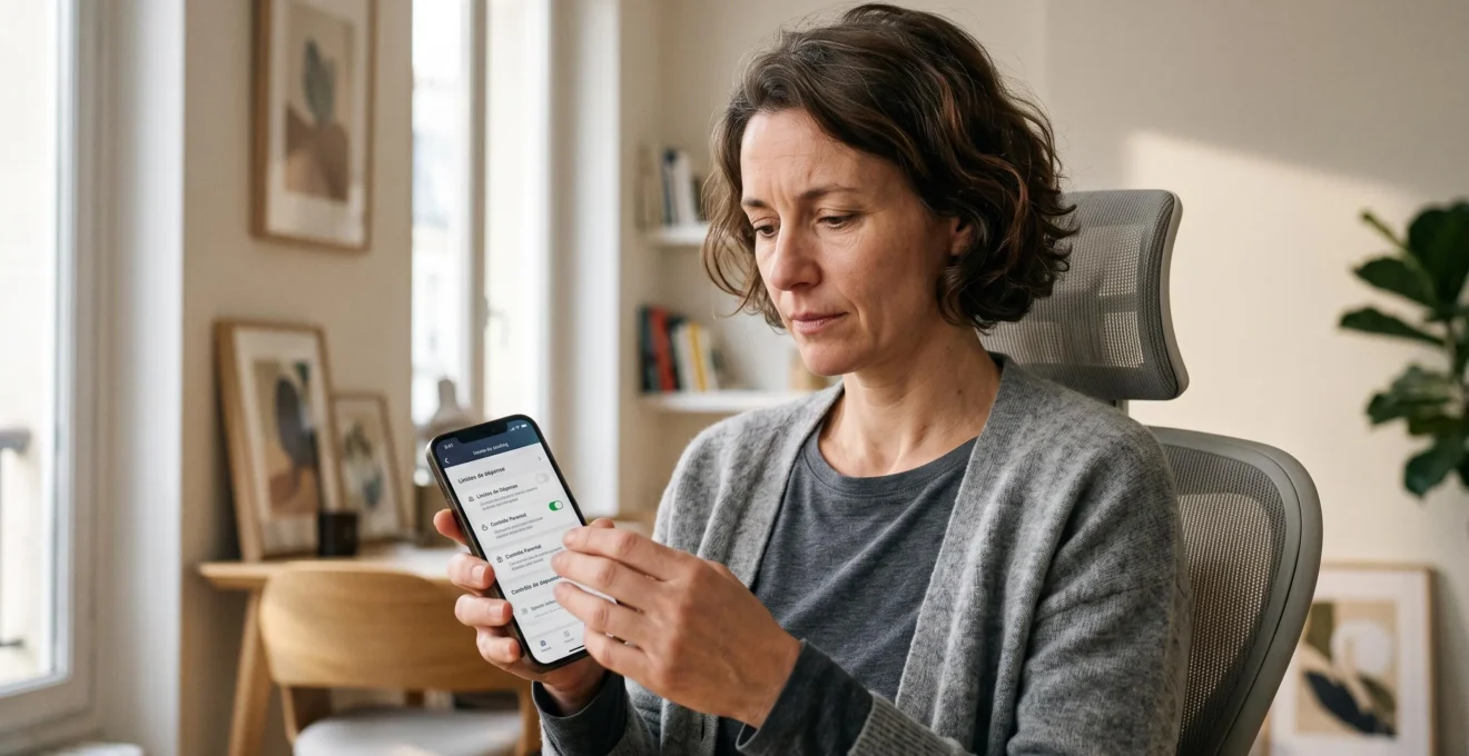 Parent configurant les paramètres de contrôle parental sur une application bancaire mobile